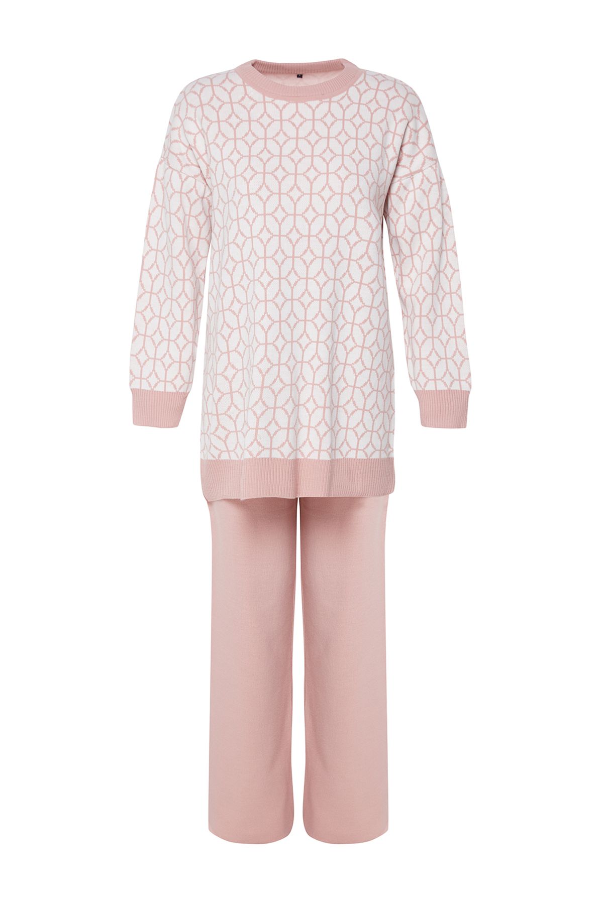 Trendyol Dusty Rose Geometric Patterned Sweater-Pants Knitwear Set