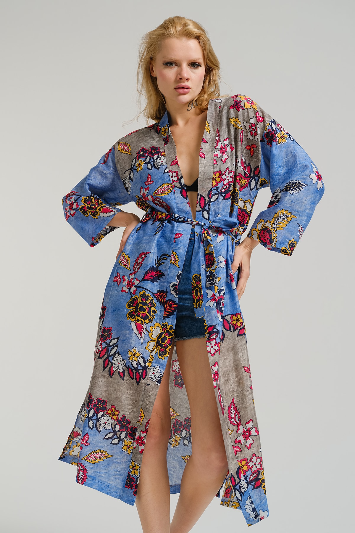 armonika Women's Blue Patterned Long Kimono
