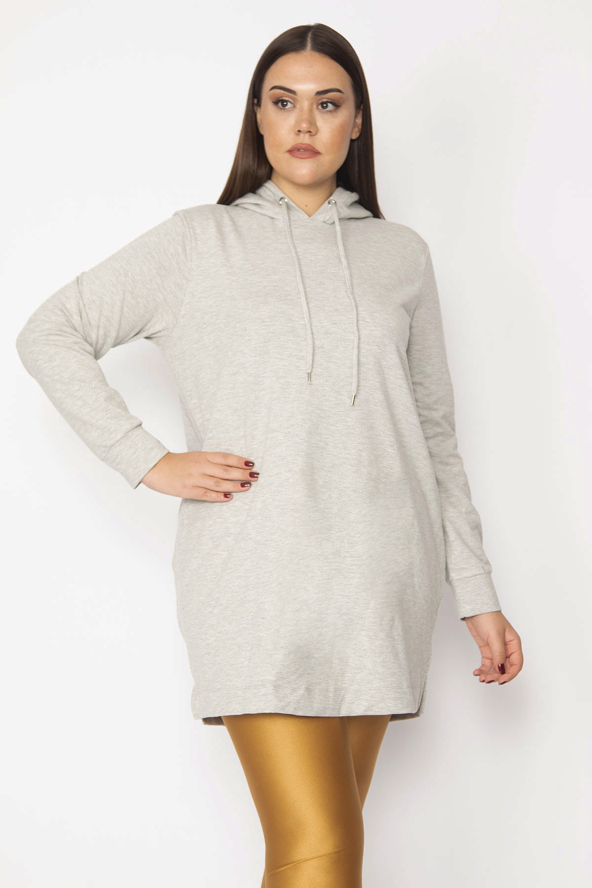 Levně Şans Women's Plus Size Gray 2 Threads Hooded Sweatshirt