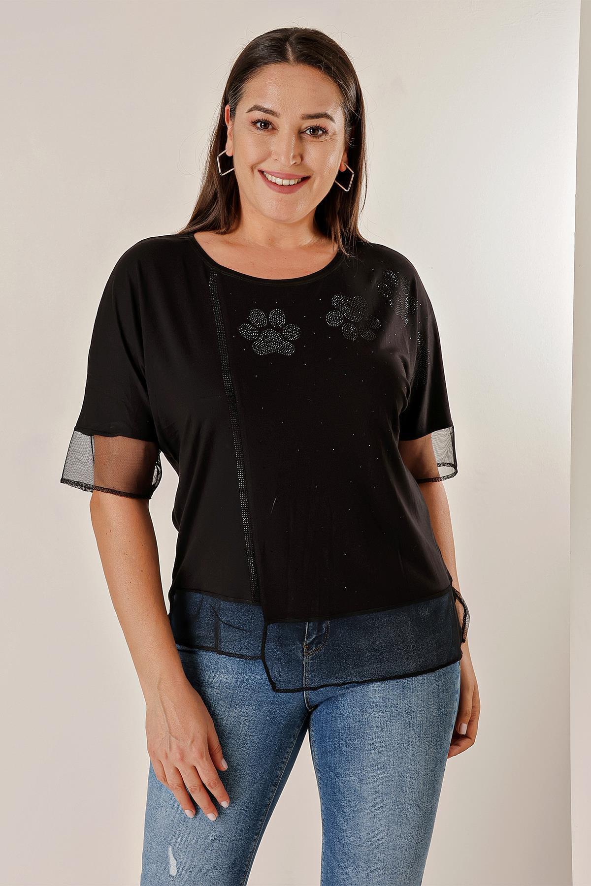 Levně By Saygı Plus Size Blouse with tulle around the sleeves and hem with a stone print on the front.