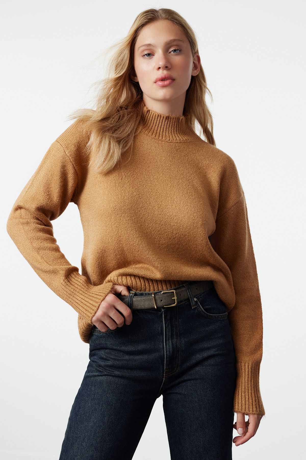 Trendyol Camel Wool Content Basic Knitted Sweater