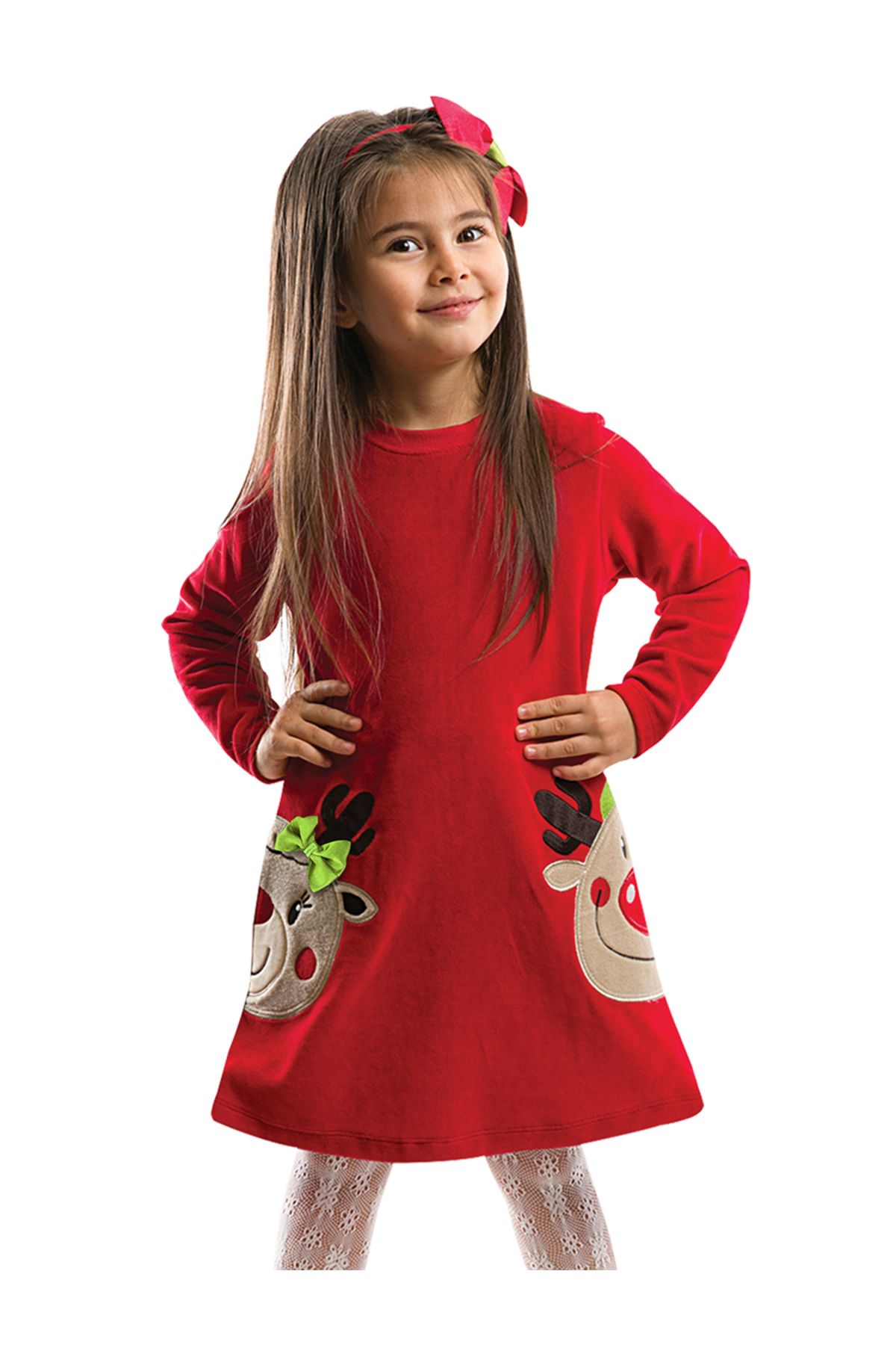 Denokids Dívčí červené vánoční šaty s motivem dvojčat jelena z veluru