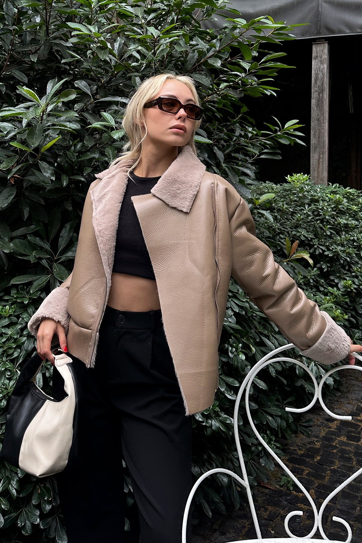 Trend Alaçatı Stili Γυναικείο Βιζόν Κολάρο με διπλό στήθος Γούνινο φερμουάρ Μαλακό παλτό από ψεύτικο δέρμα