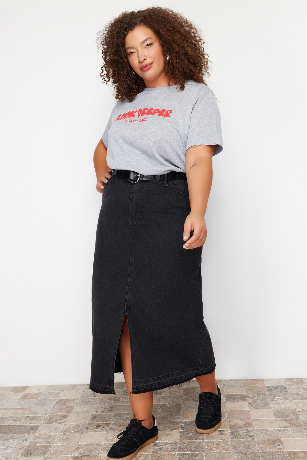 Trendyol Curve Black Denim Plus Size Skirt