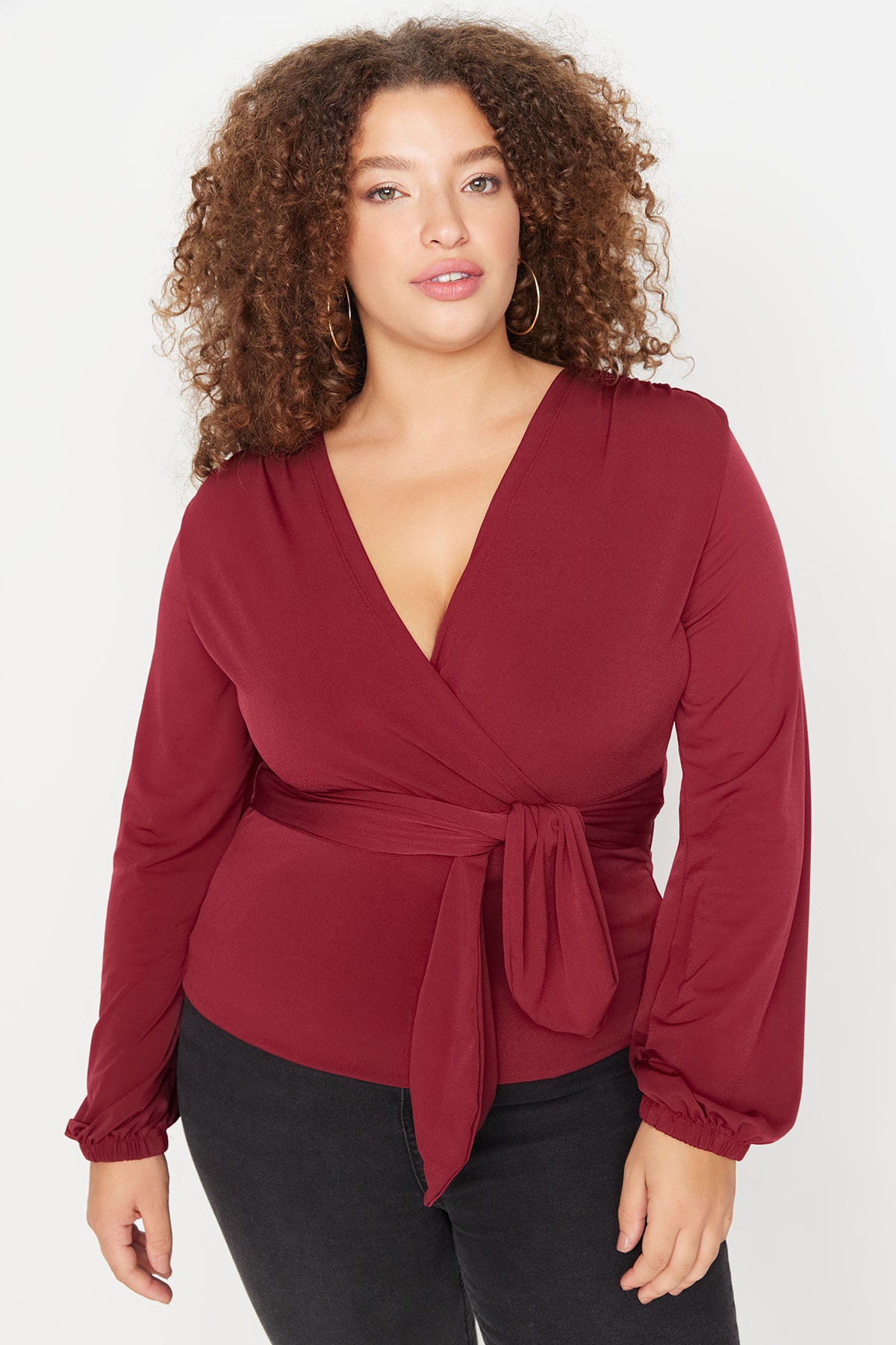 Trendyol Curve Claret Red Knitted Blouse with Tie Detail