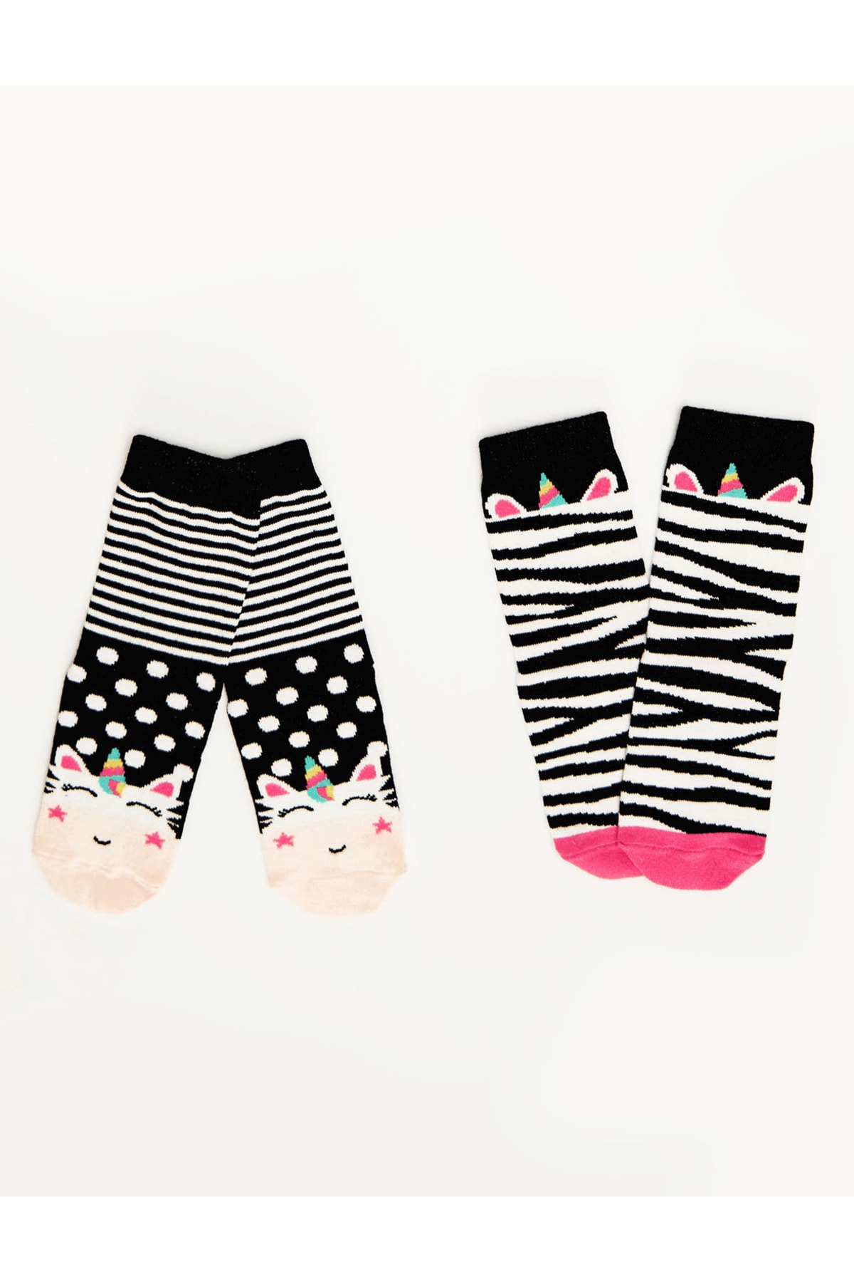 Denokids Zebra Unicorn Girls' Striped Black And White Crewneck Socks 2 Pairs Set