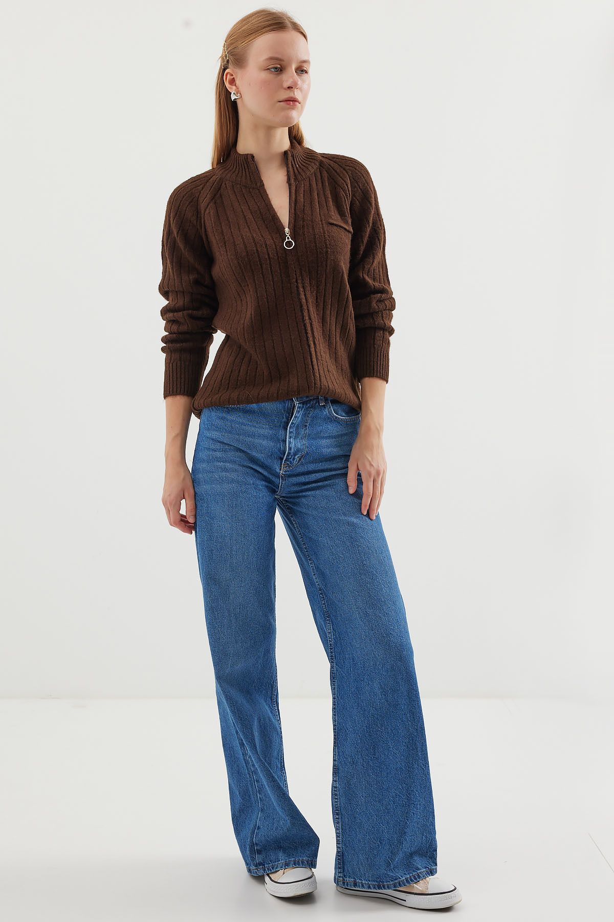 Bigdart 15880 Zippered Knitwear Cardigan - Brown