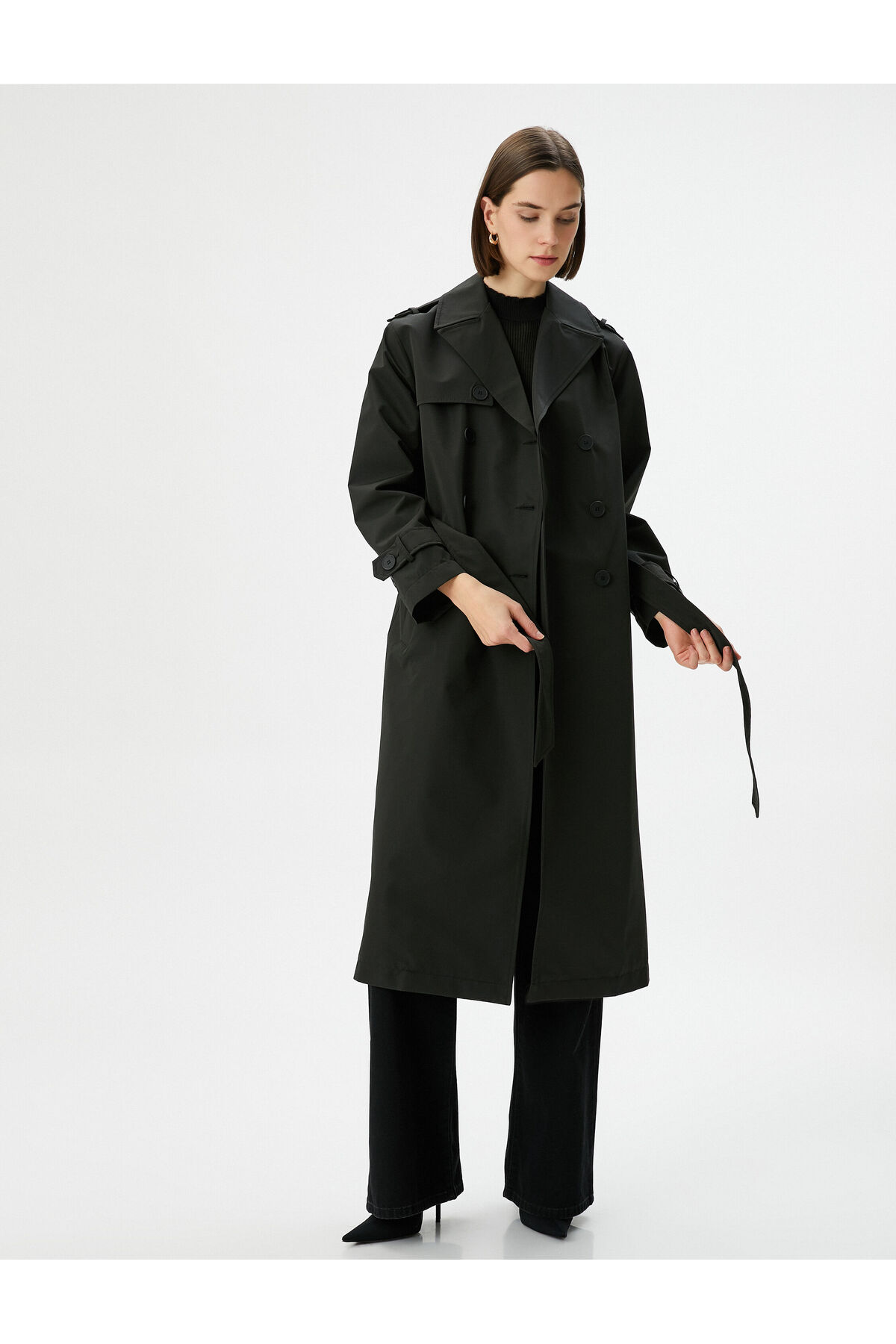 Levně Koton Trench Coat Midi Length Double Breasted Collar Buttoned Pocket Belted