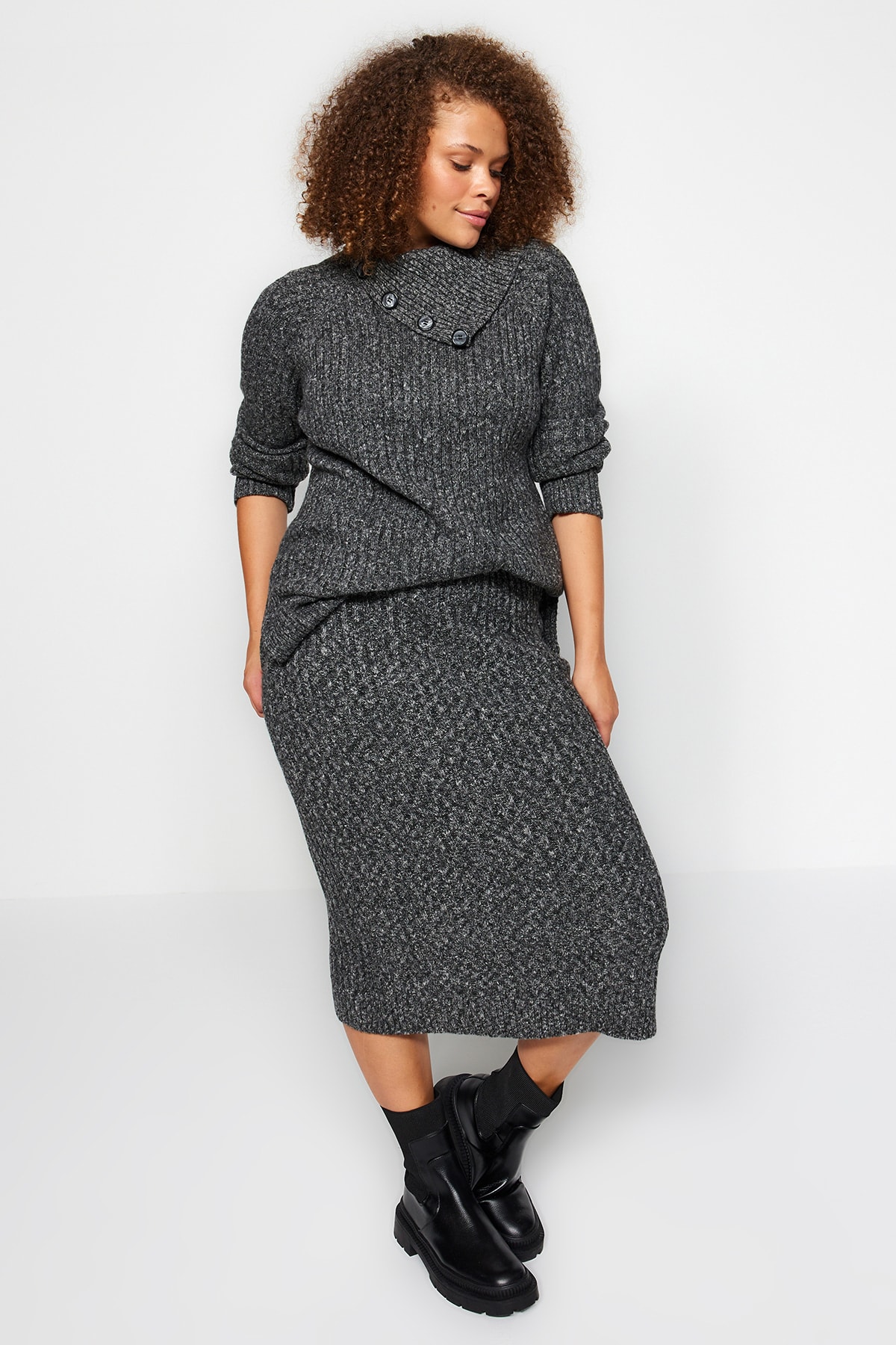 Trendyol Curve Anthracite Collar Detailed Slit Knitwear Bottom and Top Set