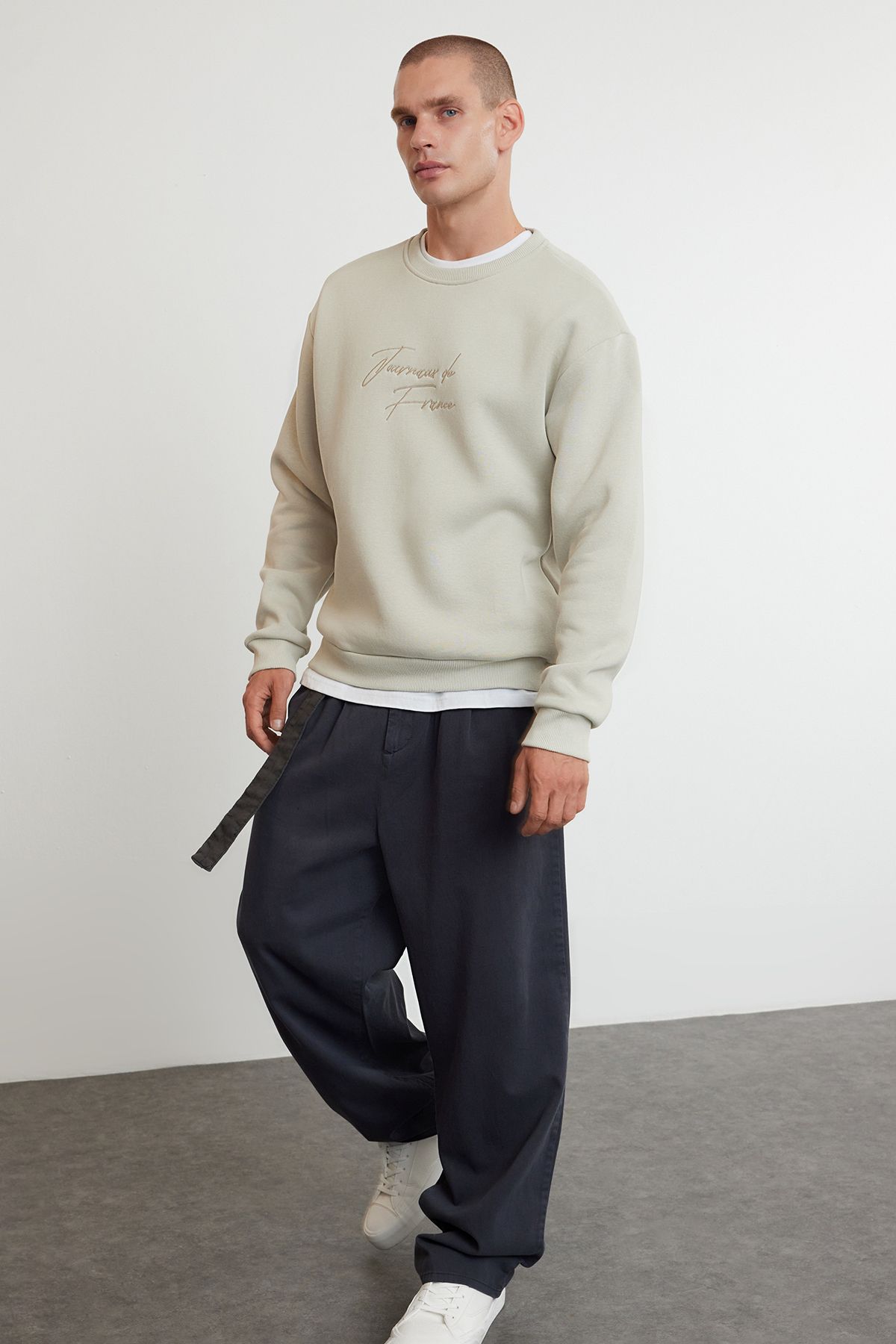 Trendyol Stone Oversize/Wide Cut Text Embroidered Sweatshirt