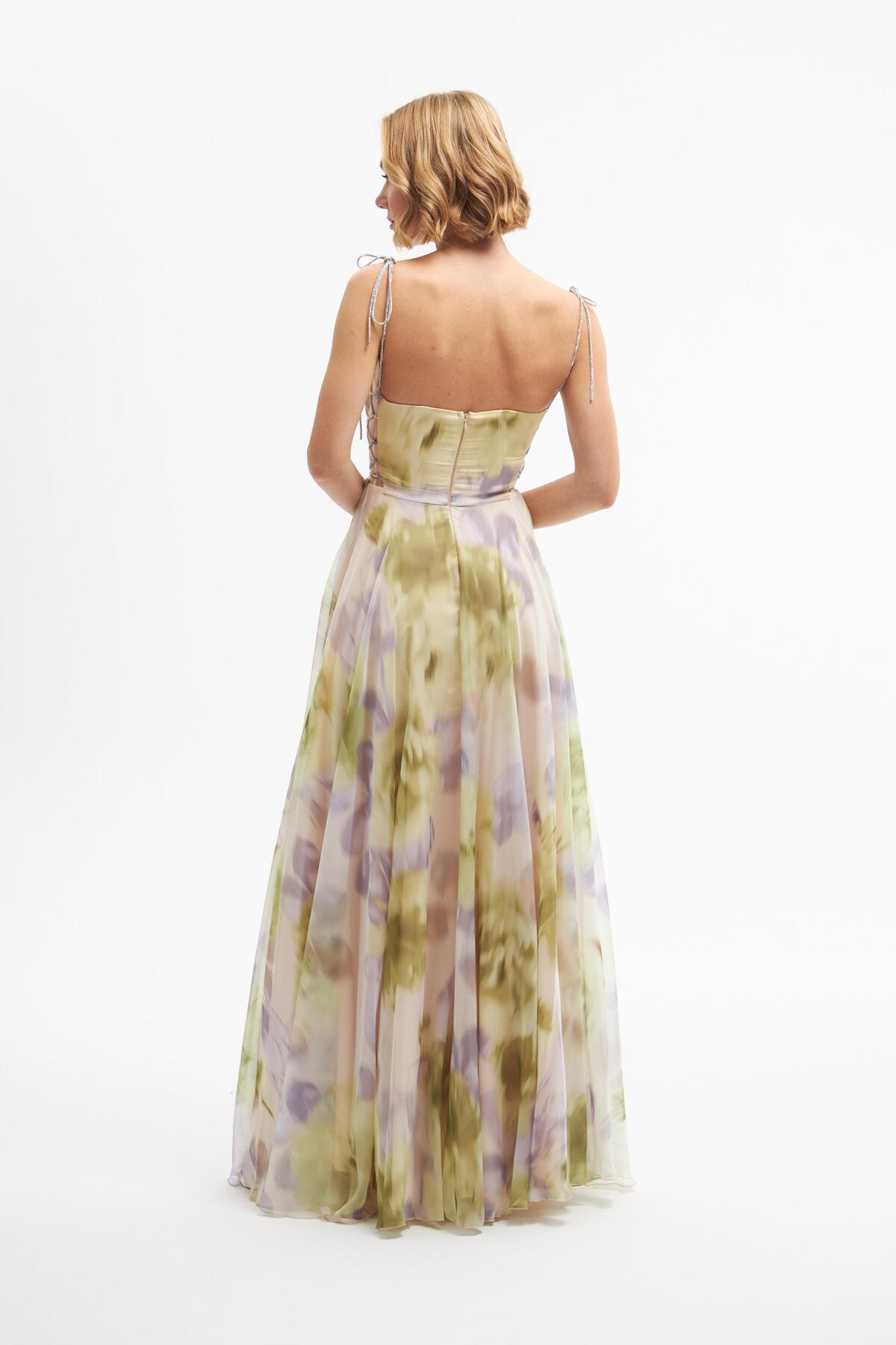 Carmen Pistachio Green Printed Slit Long Evening Dress