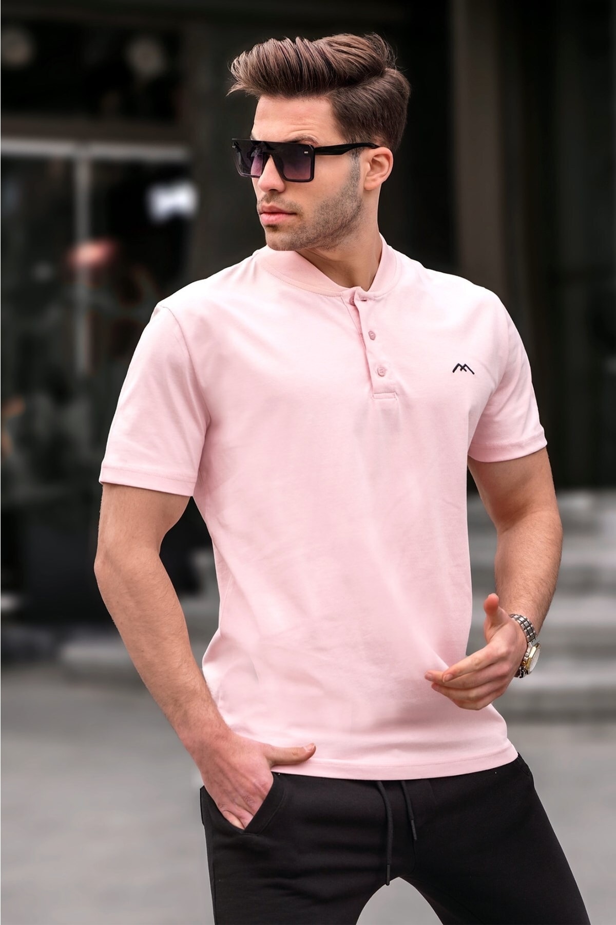 Levně Madmext A Dusty Pink Colored Collar Men's T-Shirt 6067
