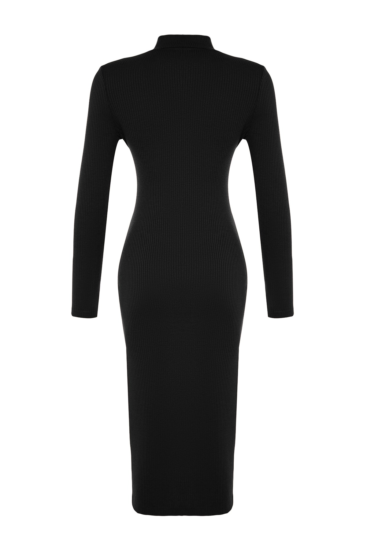 Trendyol Black Ribbed Deep Slit Detailed Fitted Midi Stretch Knit Dress