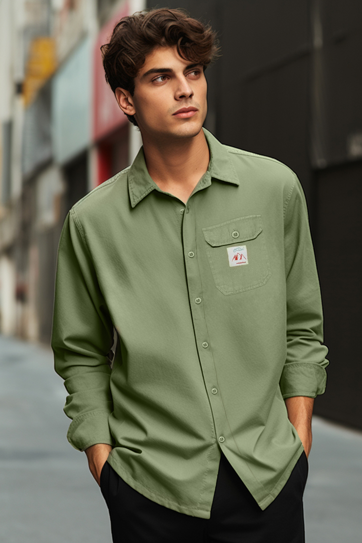 Trendyol Khaki Relaxed Comfortable Fit Label Detailed Single Pocket Gabardine Textured Shirt Jacket