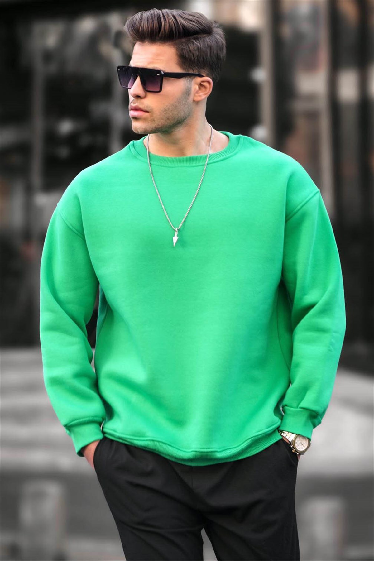 Madmext Green Crew Neck Oversized Men's Charcoal Basic Sweatshirt 6048