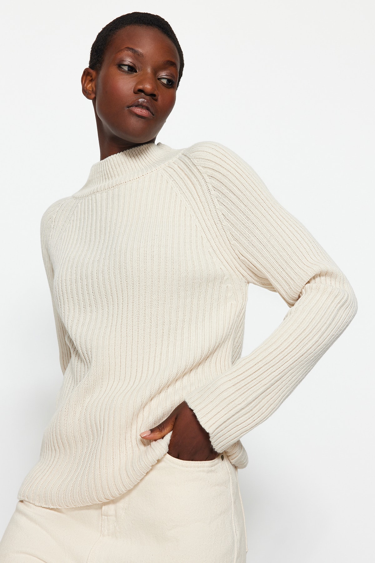 Trendyol Ecru Stand-Up Collar Knitwear Sweater