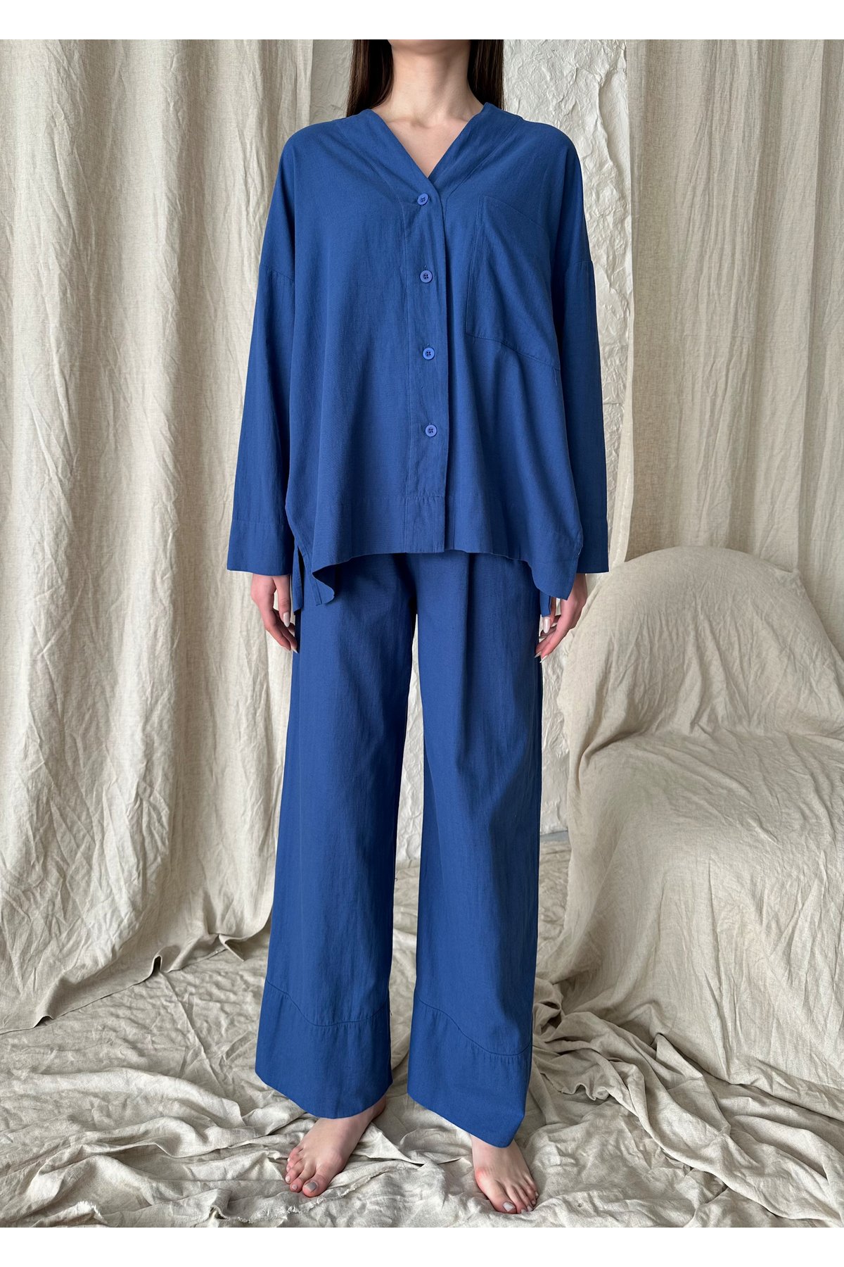 Laluvia Indigo Linen Double Cuff Trousers Shirt Suit