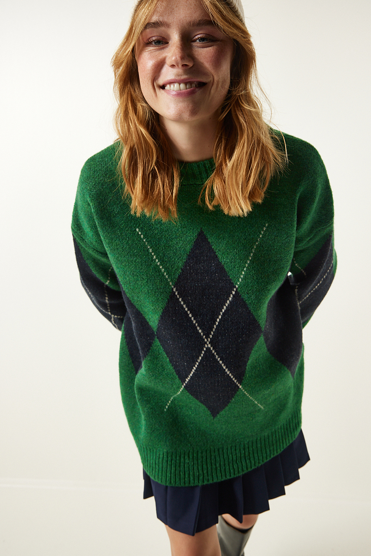 Levně Happiness İstanbul Green Premium Diamond Pattern Oversize Knitwear Sweater