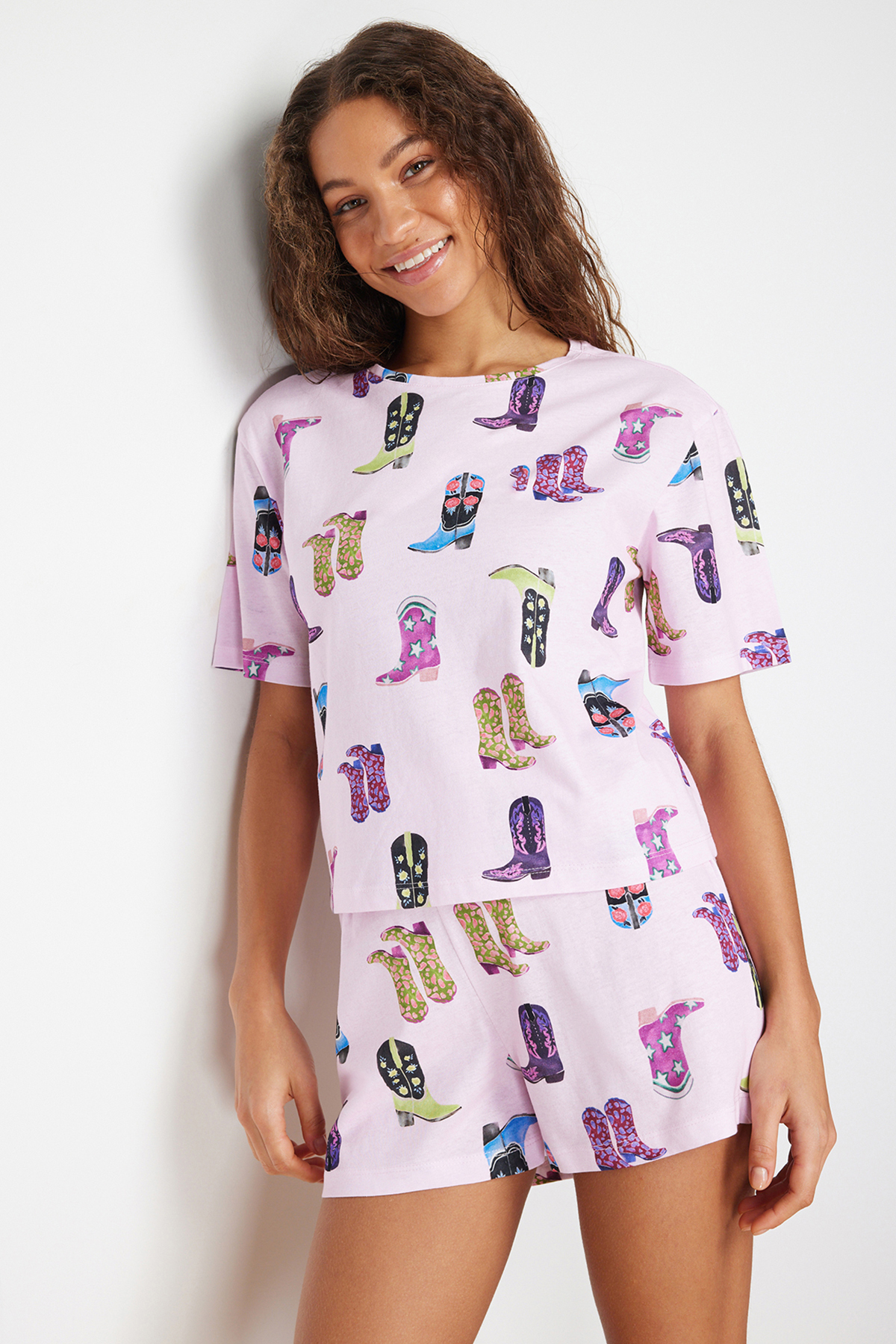 Levně Trendyol Pink 100% Cotton Leisure Patterned Knitted Pajamas Set