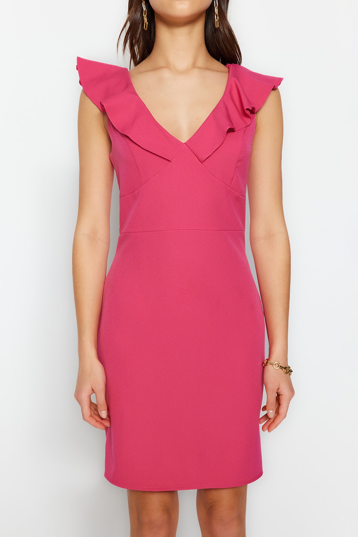 Rochie țesută Trendyol Fuchsia cu guler Flounce