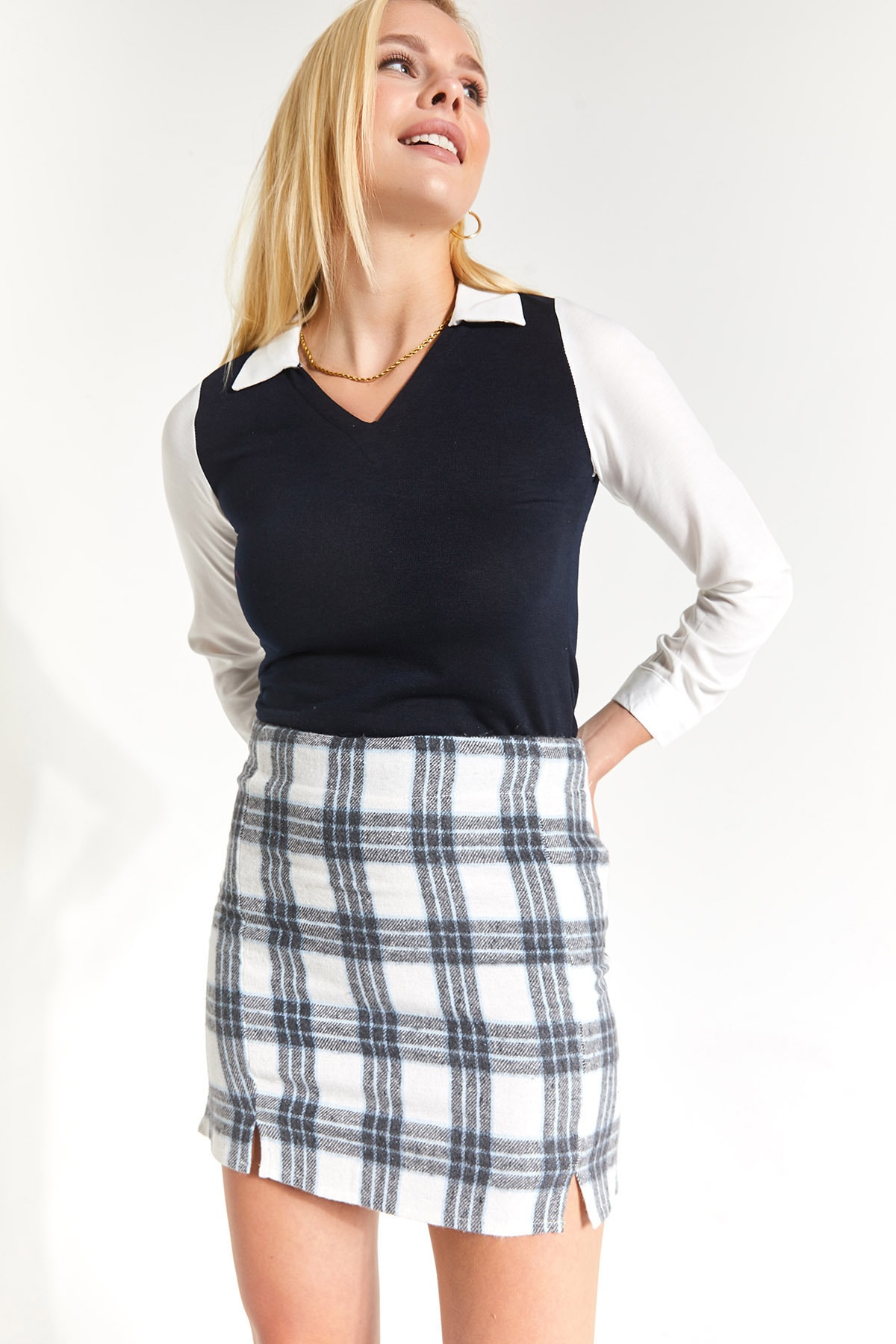 Levně armonika Women's Baby Blue Checkered Stitched Slit Mini Skirt