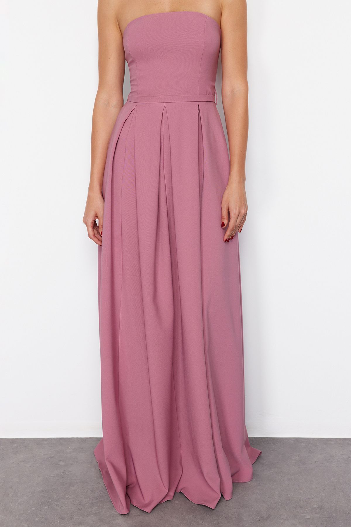 Trendyol Dusty Rose A-Cut Strapless Woven Long Evening Dress