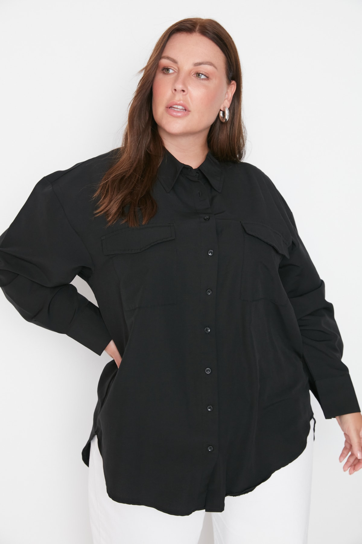 Trendyol Curve Black Weave Poplin Shirt with Pocket