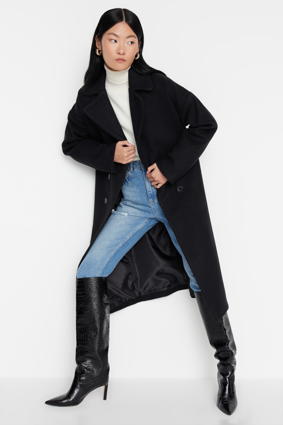 Trendyol Black oversize široký strih dlhý vlnený kašmírový kabát