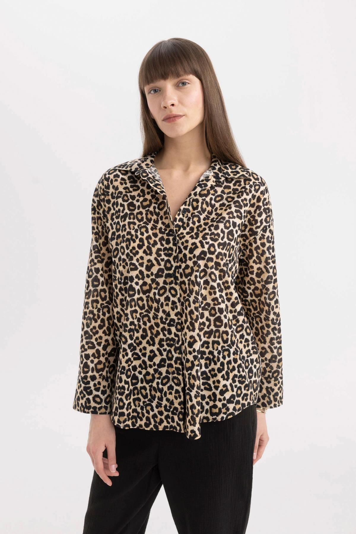 DEFACTO Oversize Fit Long Sleeve Leopard Print Voile Shirt