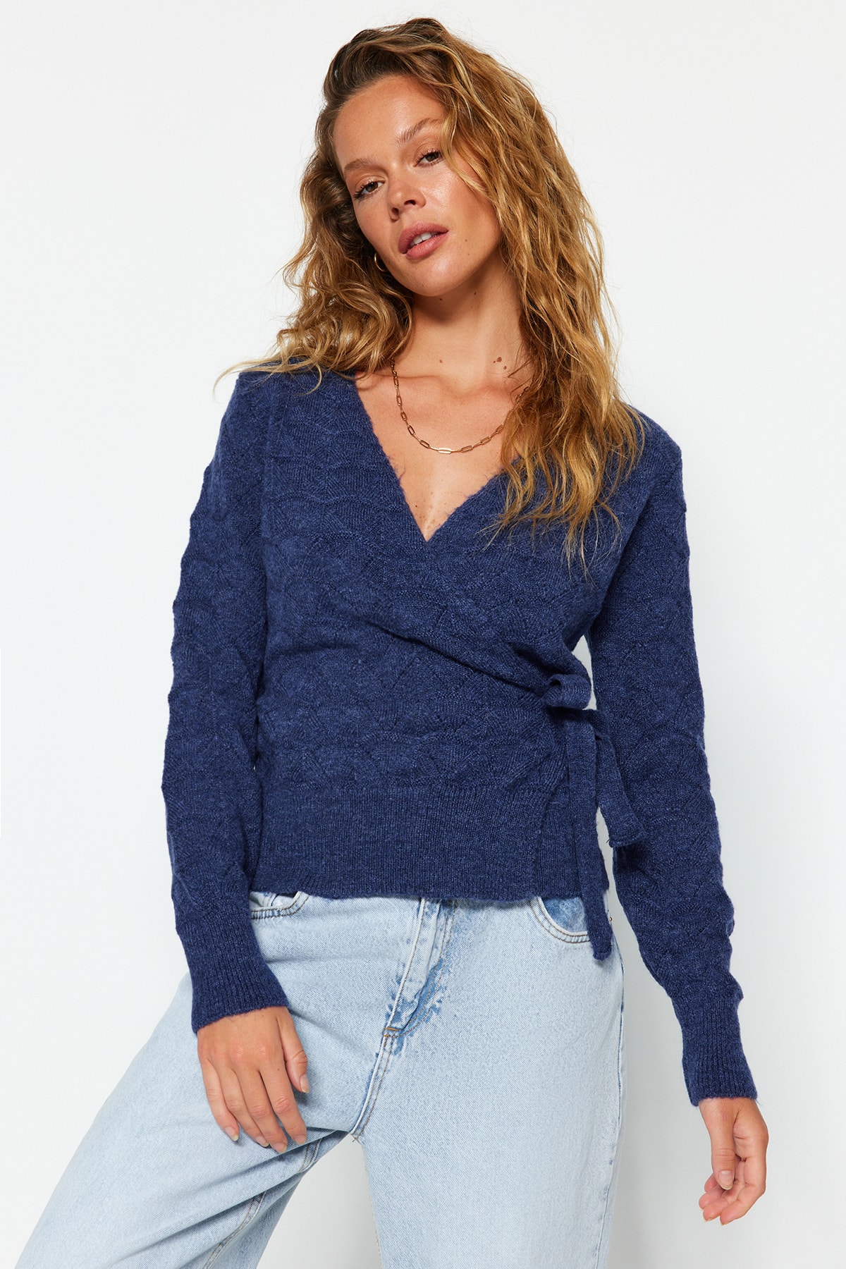 Trendyol Indigo Soft Textured Double Breasted Neck Knitwear Sweater