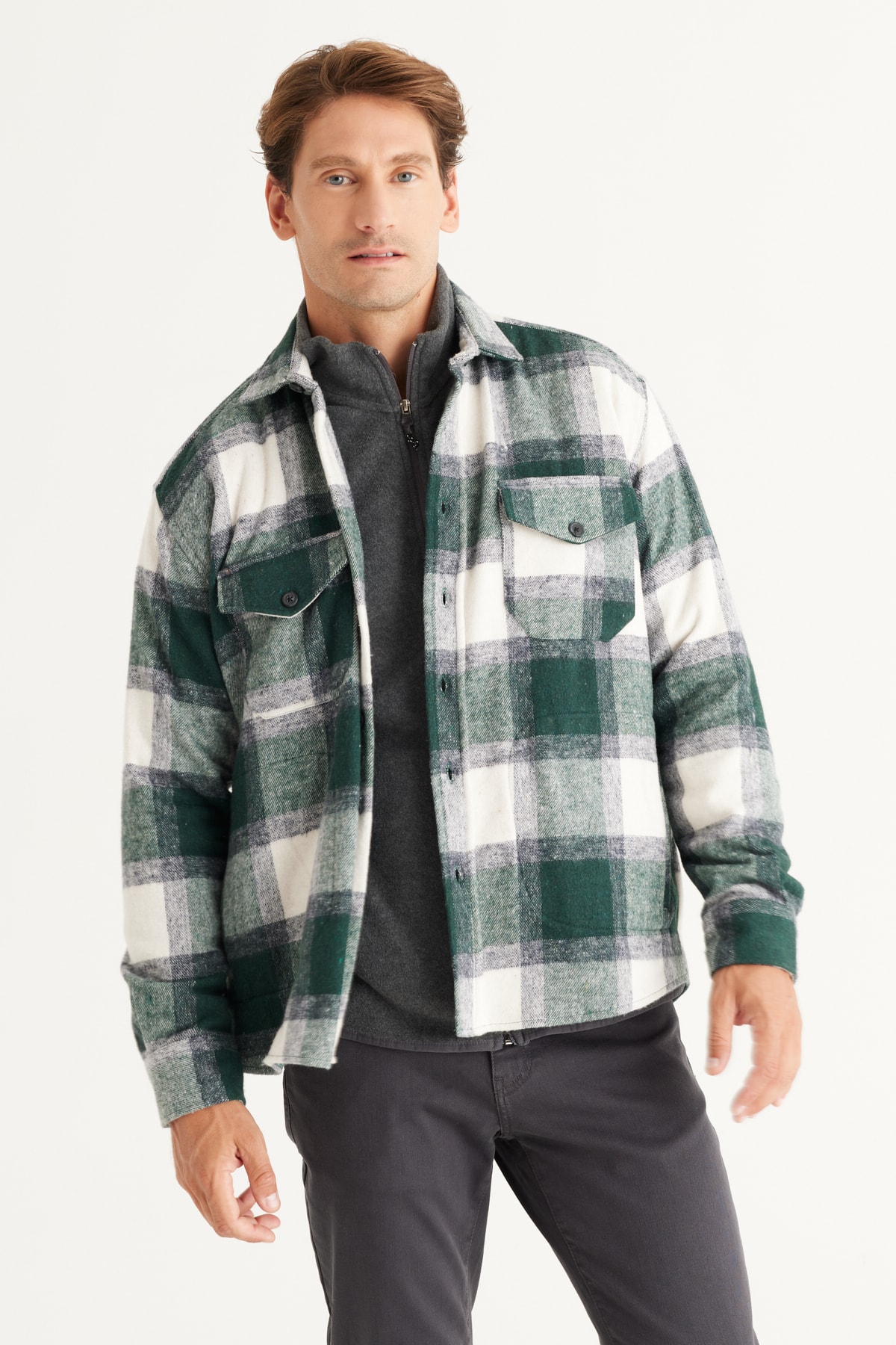 AC&Co / Altınyıldız Classics Men's Khaki-ecru Oversize Wide Cut Buttoned Collar Winter Shirt Jacket