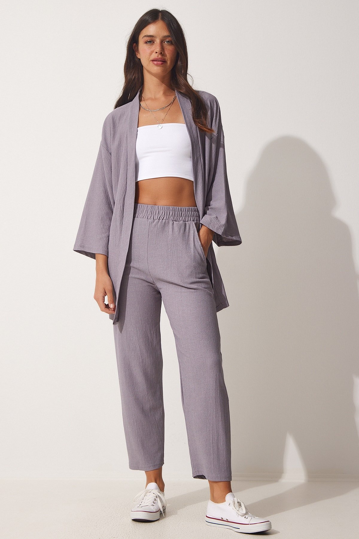 Happiness İstanbul Women's Stone Gray Kimono and Pants, Knitted Set