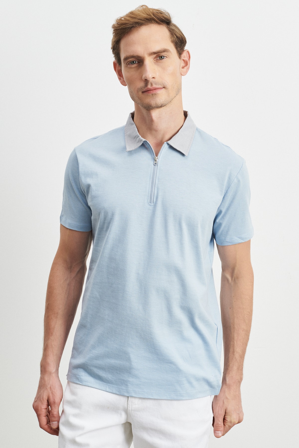 ALTINYILDIZ CLASSICS Men's Blue-white Slim Fit Slim Fit Zippered Polo Neck Cotton T-Shirt