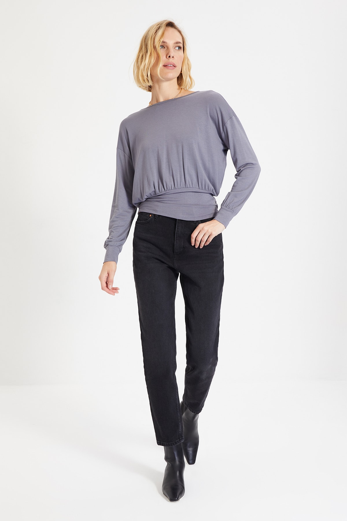 Trendyol Anthracite Basic Low Back Tie Detail Knitted Blouse