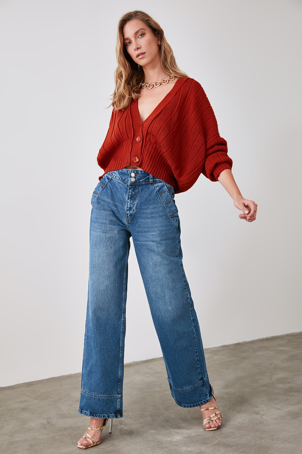 Trendyol Blue Waist Detailing High Waist Wide Leg Jeans