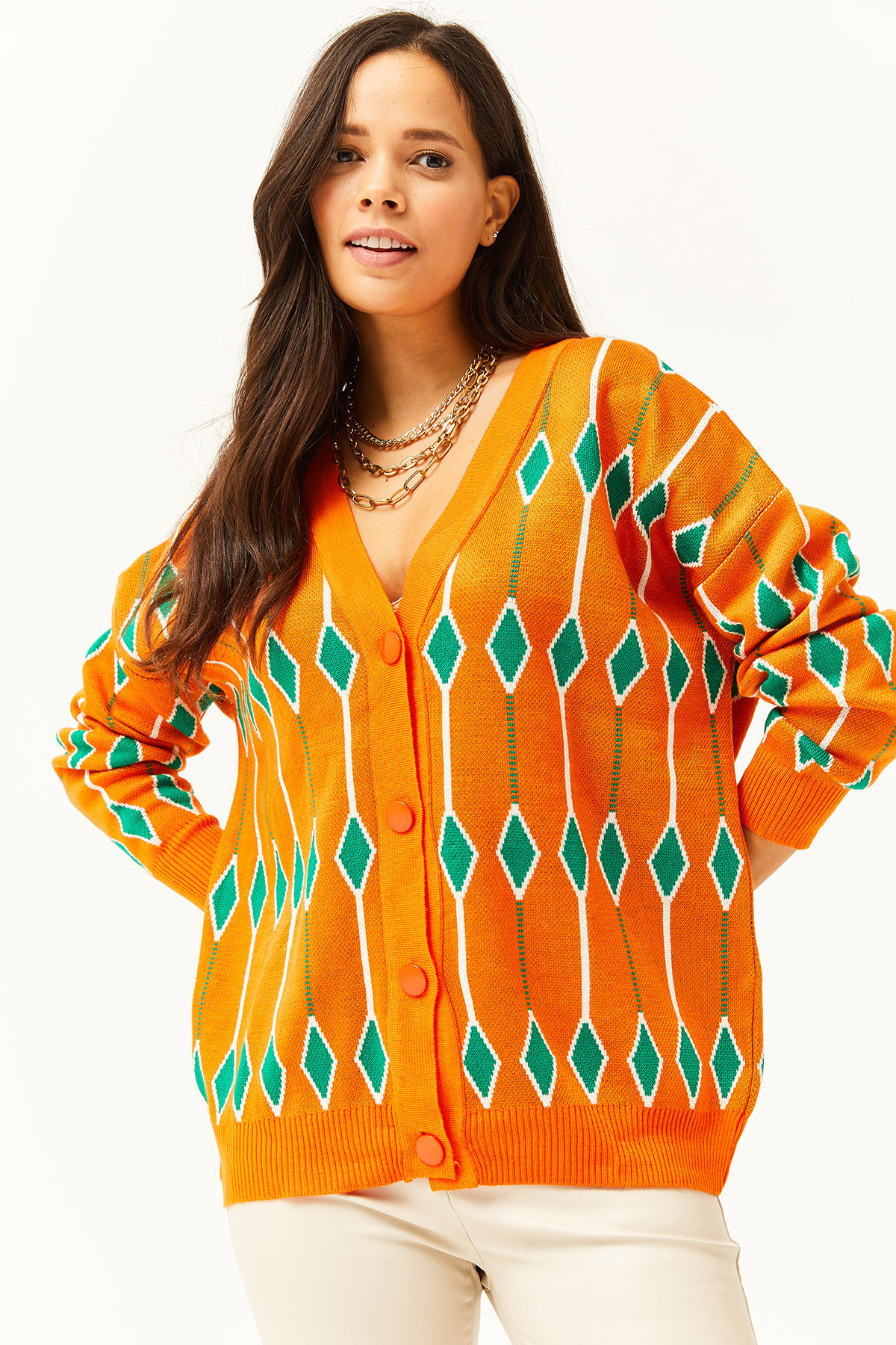Levně Olalook Dámský oranžový diamantový vzor Oversize pletený svetr