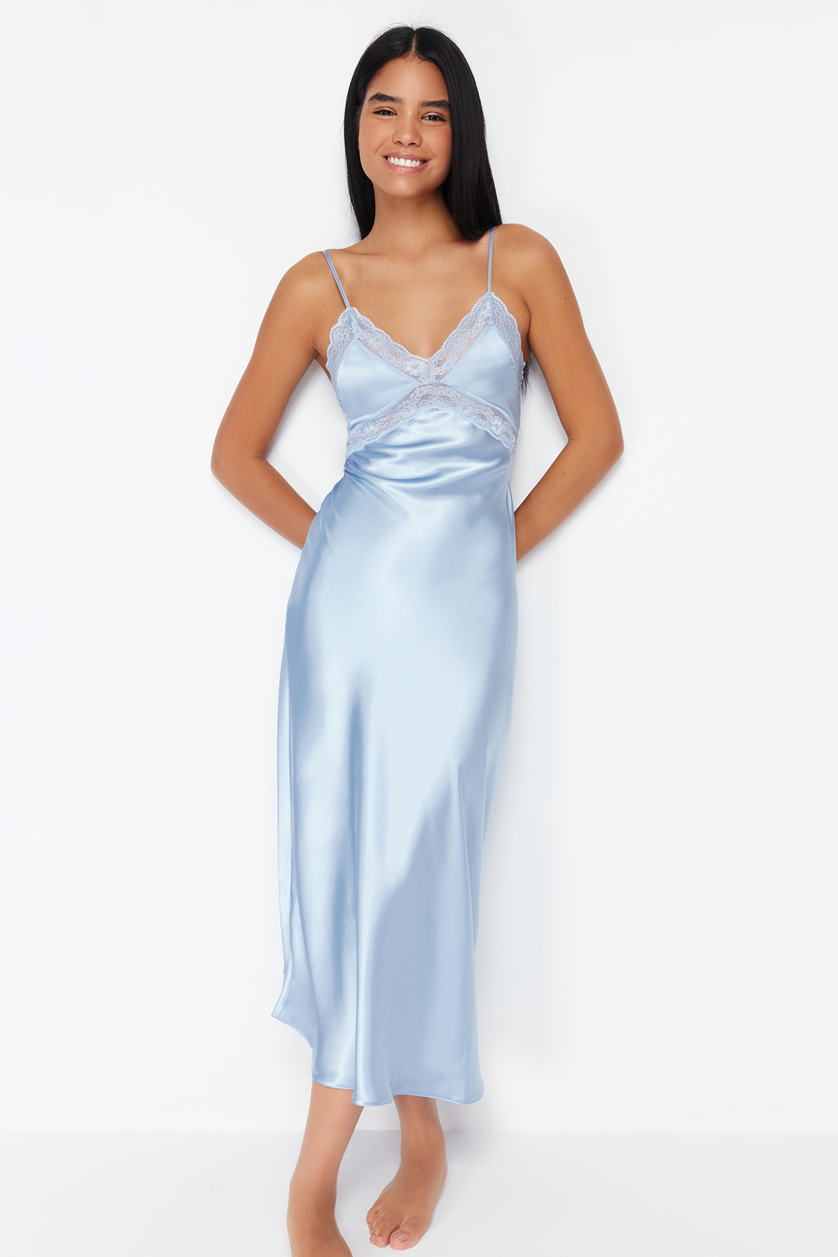 Levně Trendyol Light Blue Lace Detailed Satin Woven Nightgown