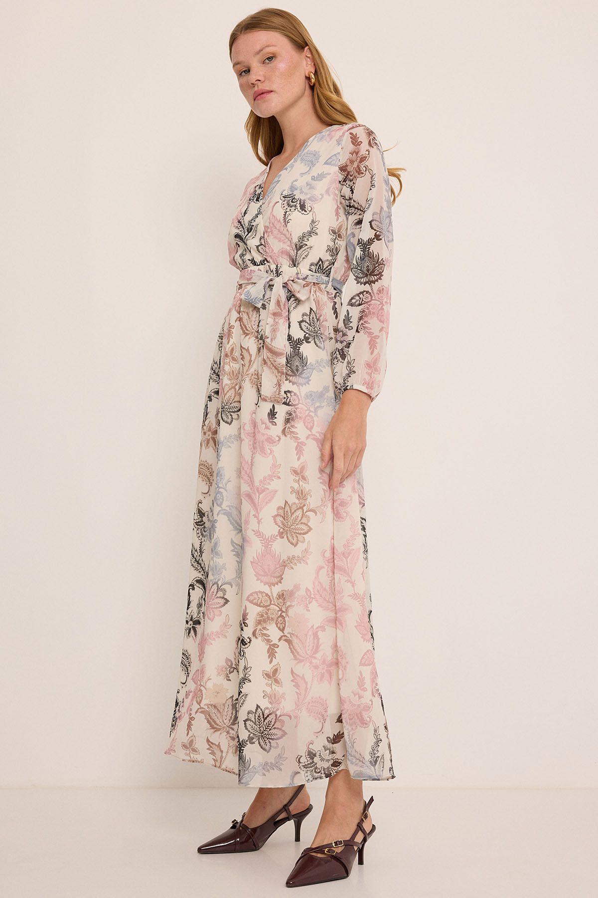 Bigdart Women's Dusty Rose Black Floral Patterned Chiffon Dress 2134