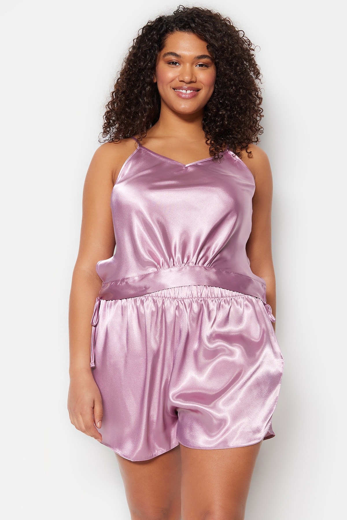 Trendyol Curve Dried Rose Satin Woven Tie Sides Pajamas Set