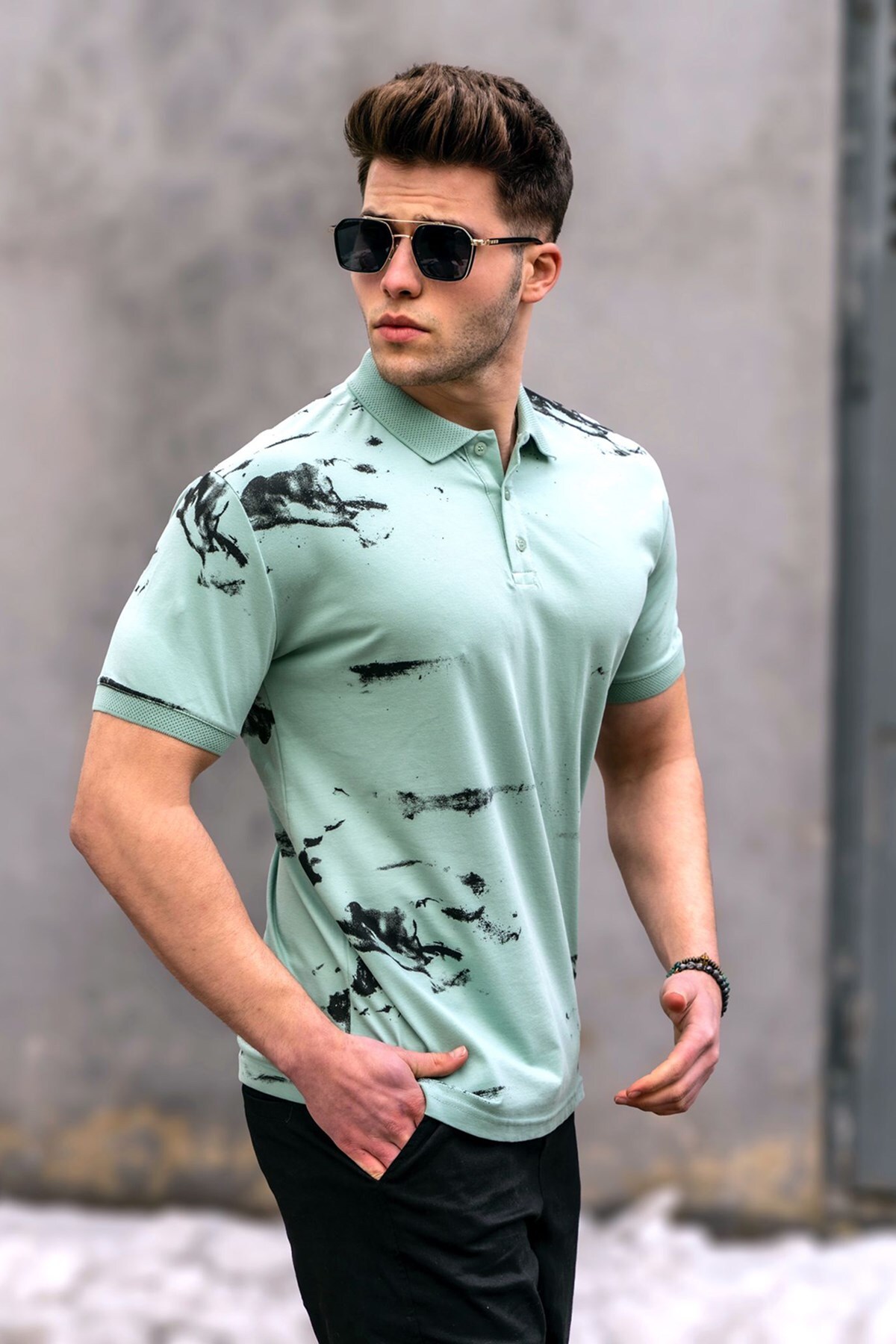 Levně Madmext Mint Green Men's Polo Neck Patterned T-Shirt.