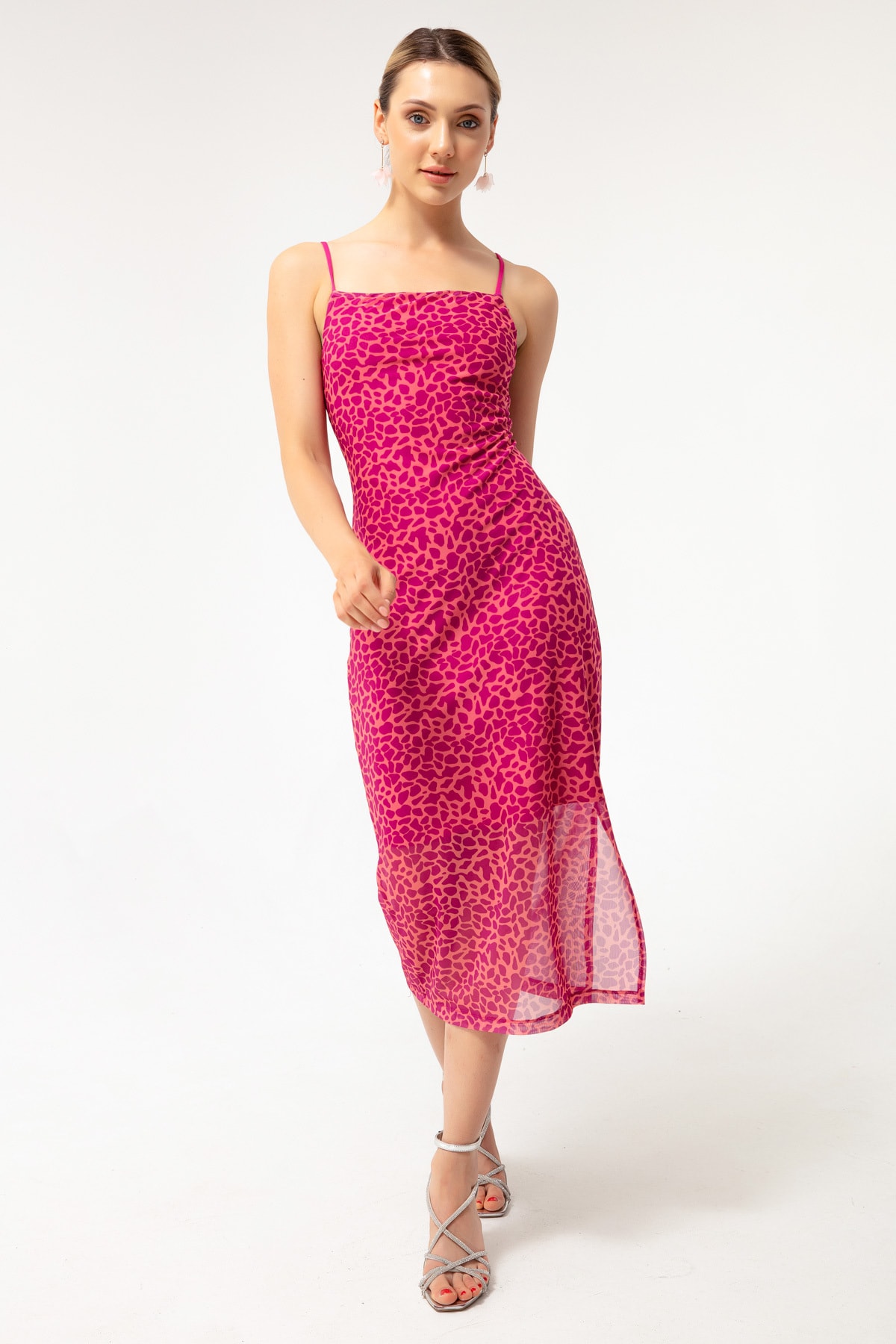 Lafaba Women's Fuchsia Patterned Midi Chiffon Dress