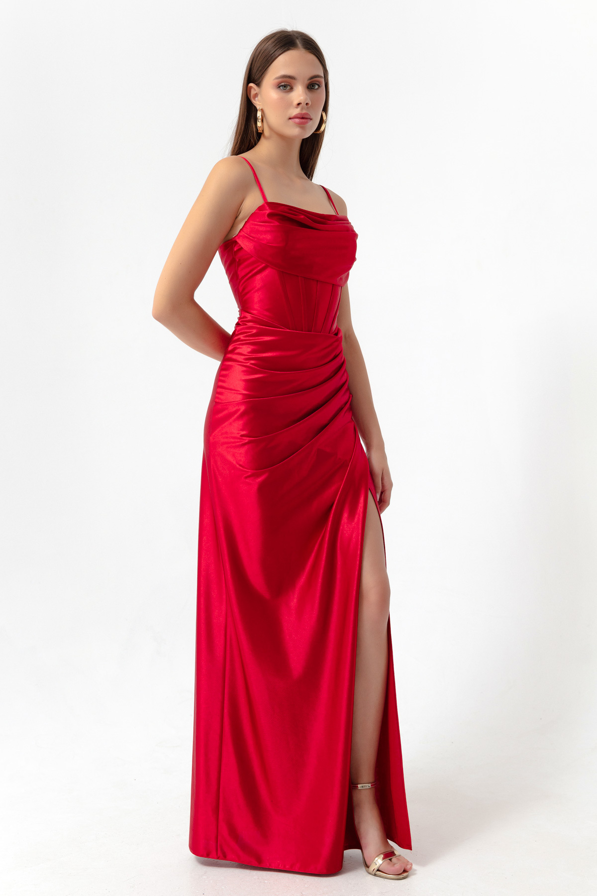 Levně Lafaba Women's Red Underwire Corset Detailed Long Slit Evening Dress.