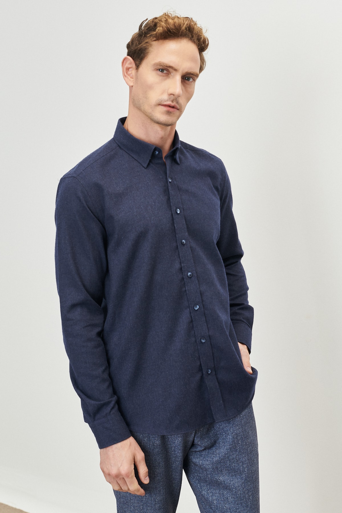 Levně ALTINYILDIZ CLASSICS Men's Navy Blue Slim Fit Slim Fit Buttoned Collar Flannel Lumberjack Shirt.