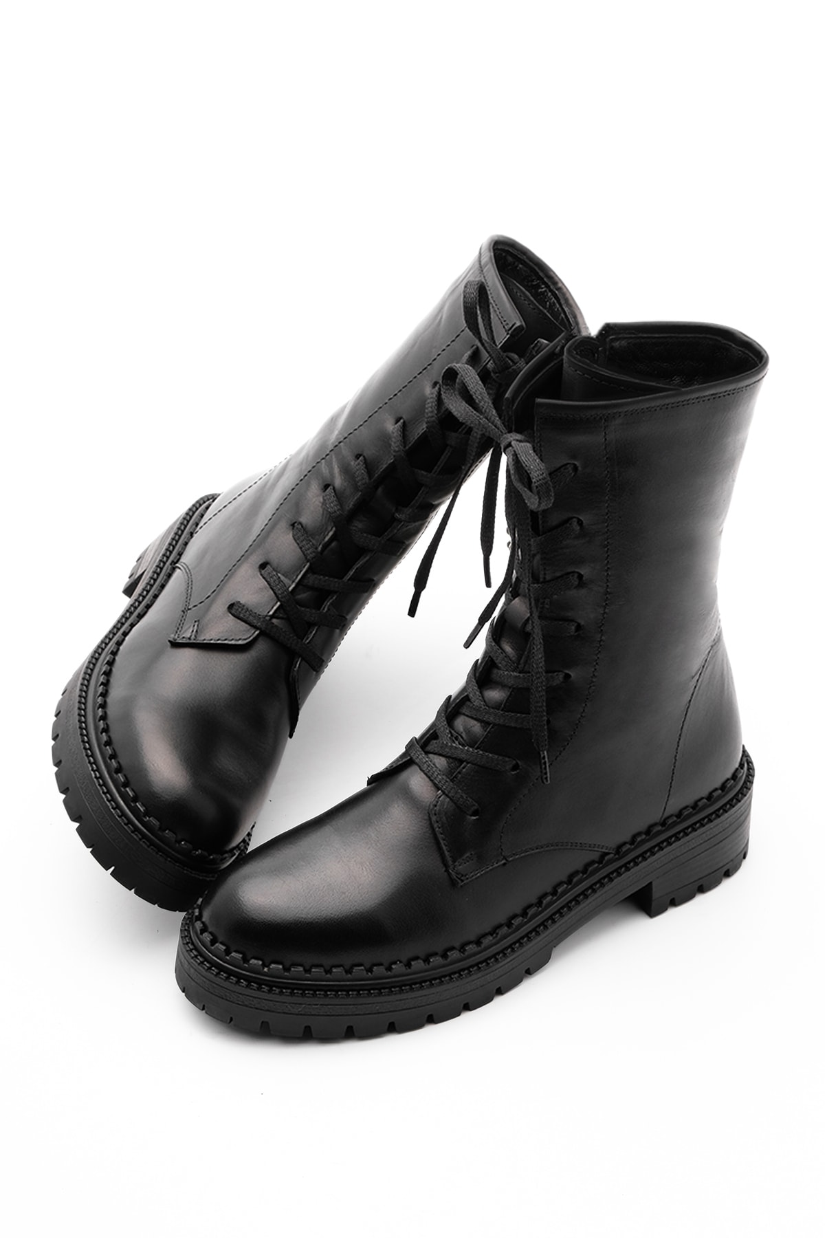 Levně Marjin Women's Genuine Leather Boots Boots with Zipper, Lace-up Serrated Sole Daily Boots Kariva Black.
