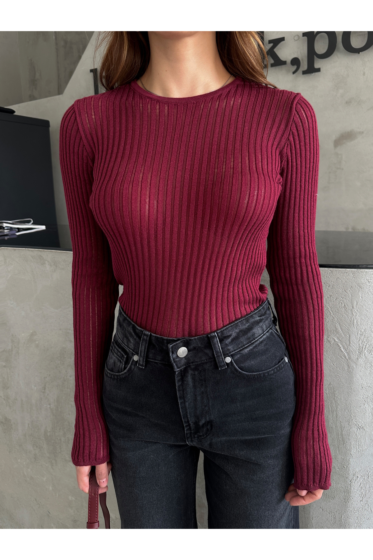 Laluvia Burgundy Crew Neck Sheer Tulle Knitted Blouse