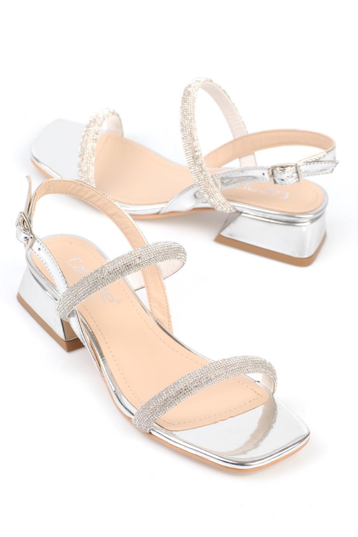 Capone Outfitters Capone Chunky Toe Women's Studded Double Thick Band Short Heels, Mirror Fabric Silver Women Sandals.