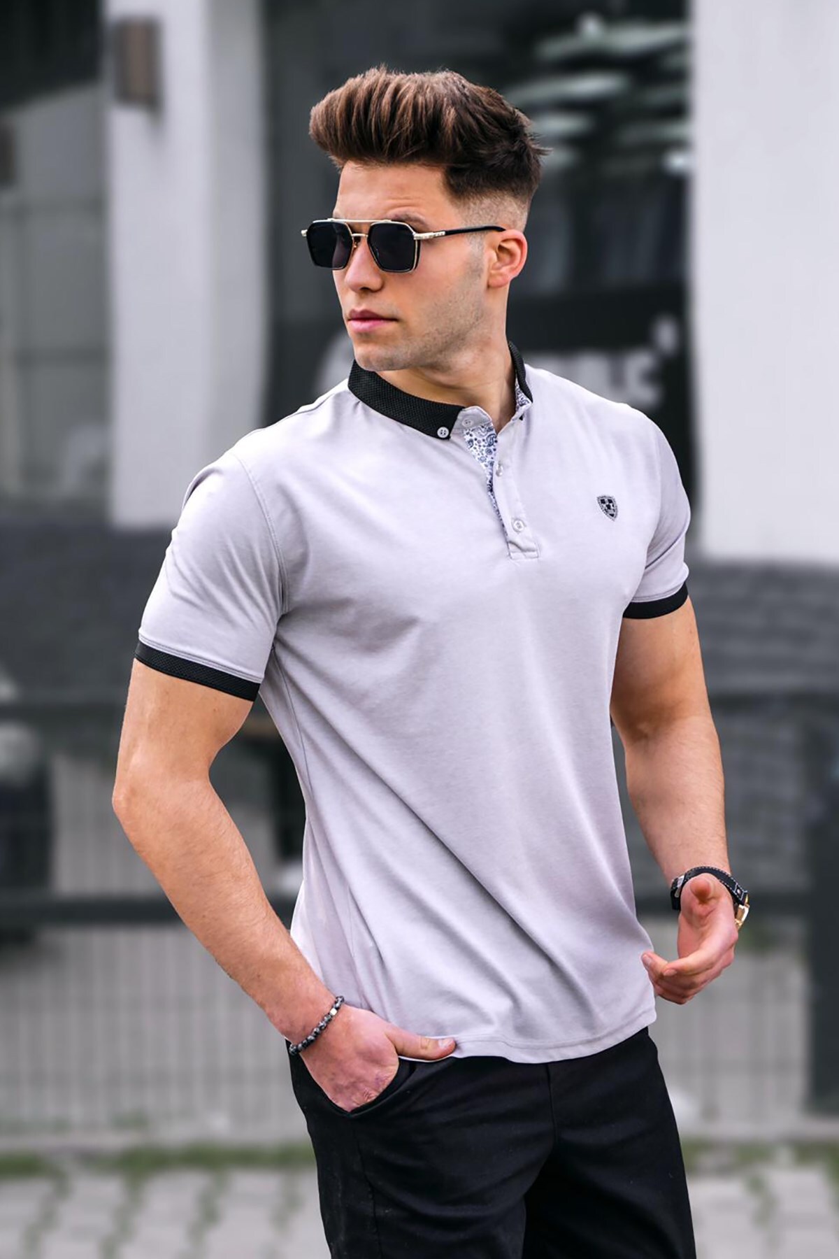 Levně Madmext Gray Polo Collar Basic Men's T-Shirt