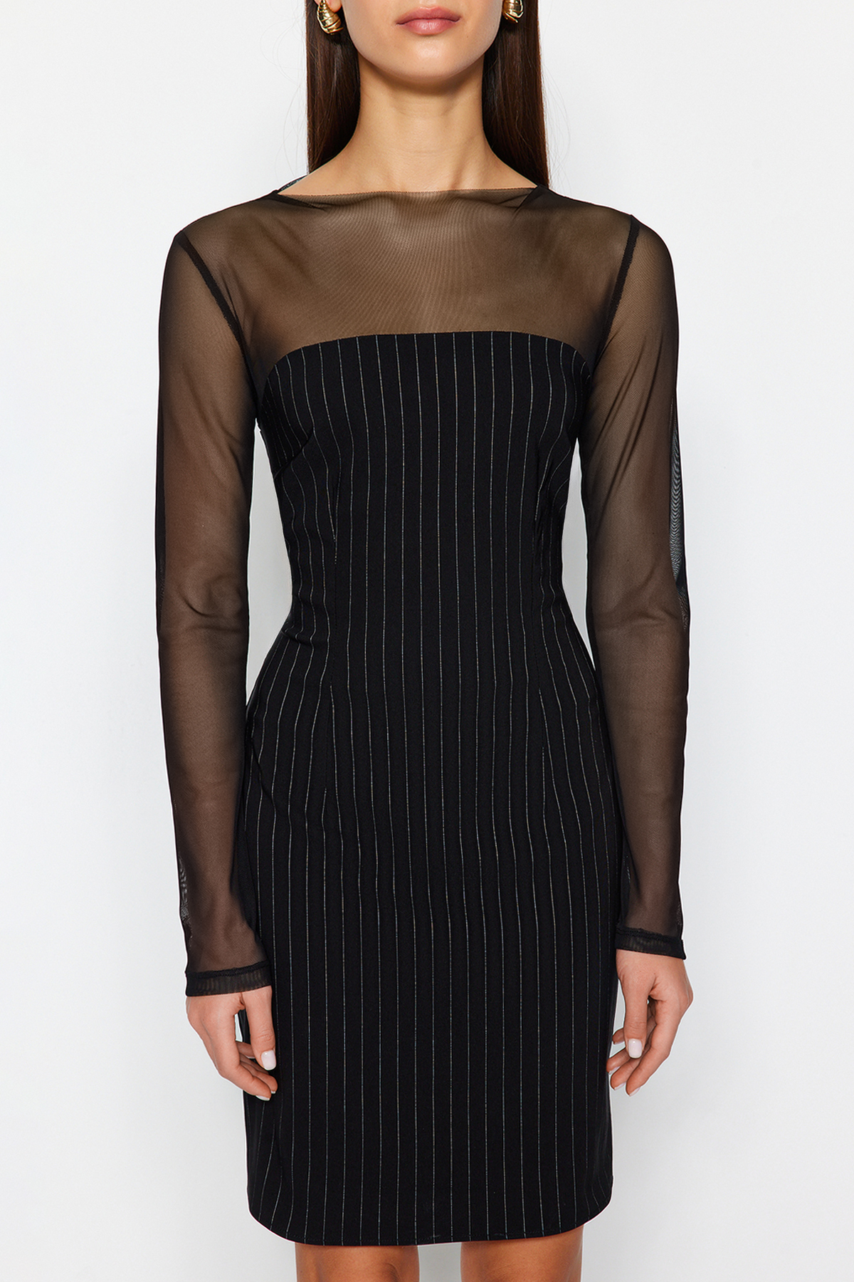 Trendyol Black Striped, Fitted, Tulle Collared Woven Mini Dress