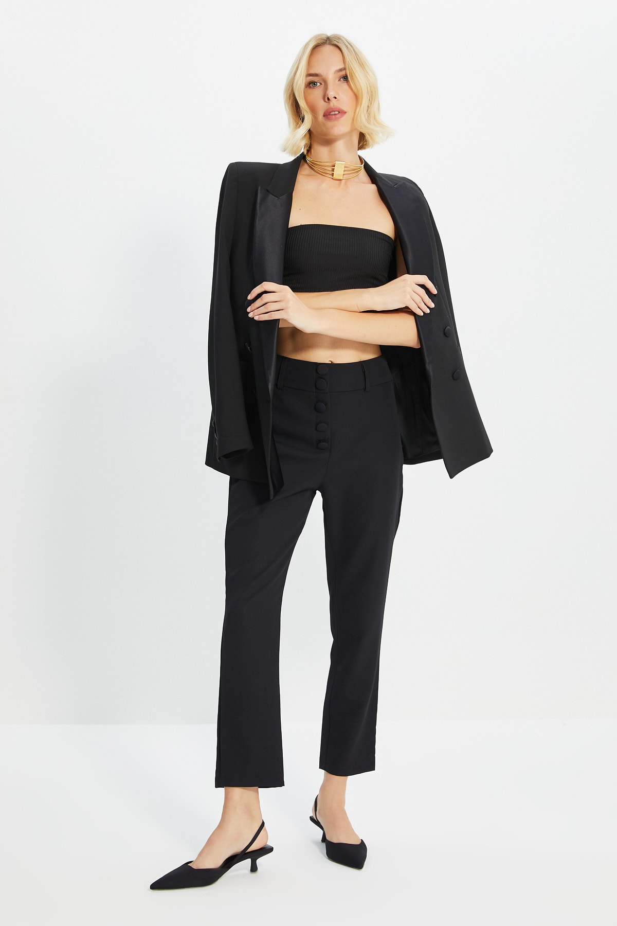 Trendyol Black Button pantaloni de țigară detaliate