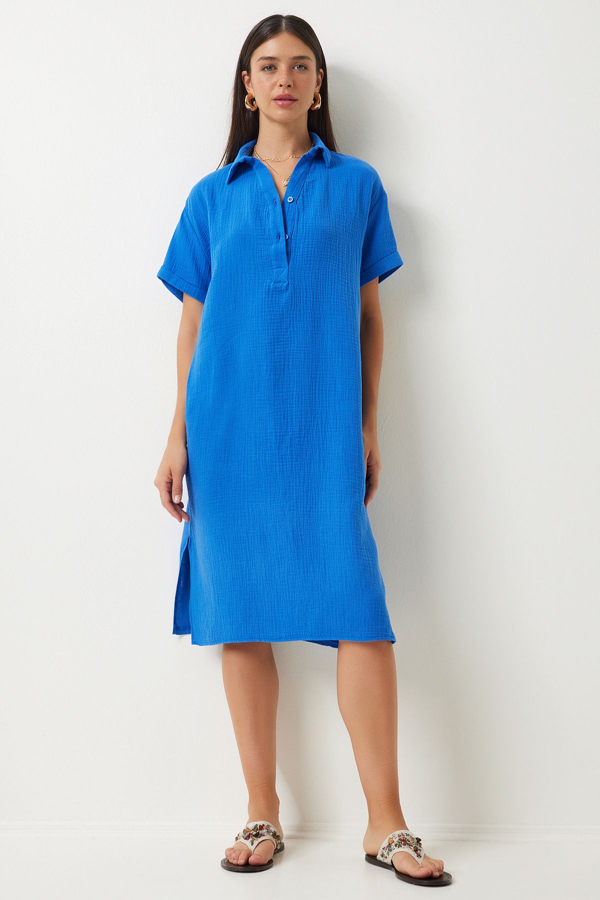 Happiness İstanbul Women's Blue Polo Neck Summer Loose Muslin Dress